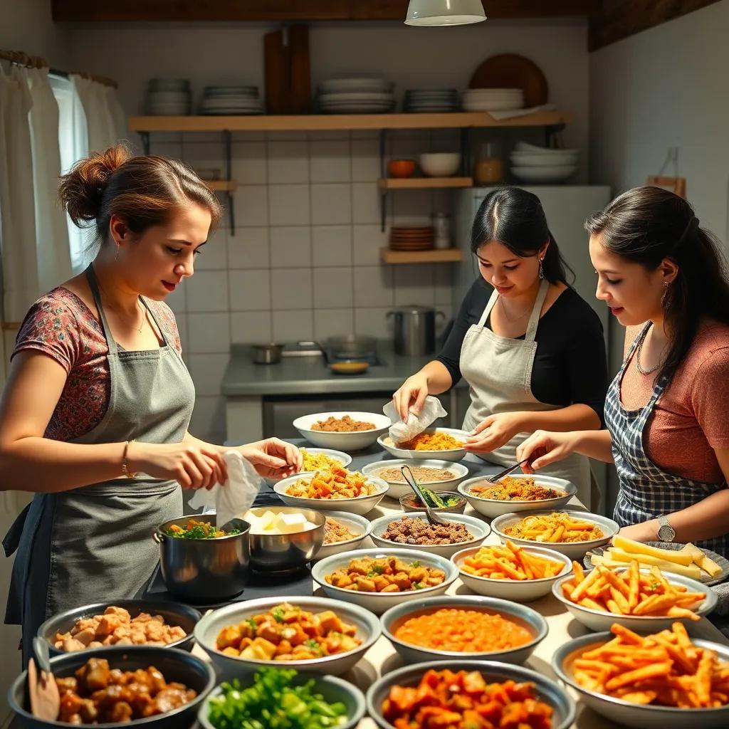A scene of women cooking together in a kitchen, each contributing to a meal, elaborate dishes, bright light, engaging atmosphere, high quality