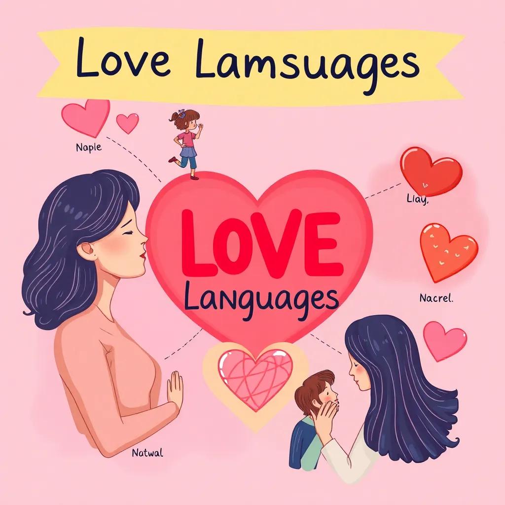 An illustration showing different love languages with symbols, depicting care and connection visually, vibrant graphics, educational and engaging, high quality