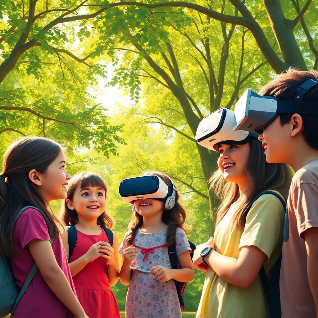 A group of kids, including Leila, discussing virtual reality, in a sunlit park with green trees, joyful expressions, children's clothing, digital art, vibrant colors, cheerful atmosphere, high quality
