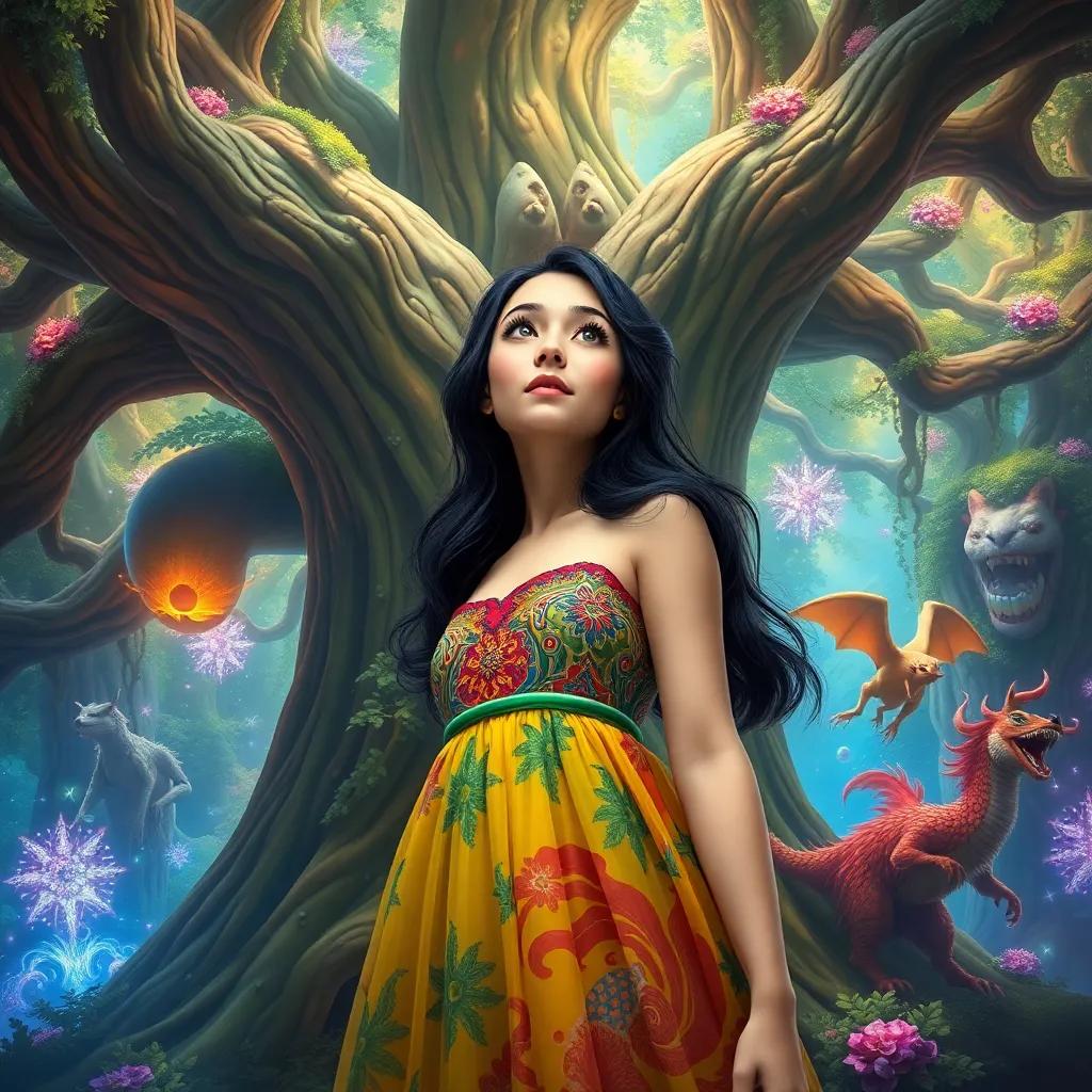 A massive tree in a vivid virtual reality world, Leila with dark hair wearing a colorful dress, amazed expression, bright colors surrounding her, mystical creatures in the background, fantasy art, high quality