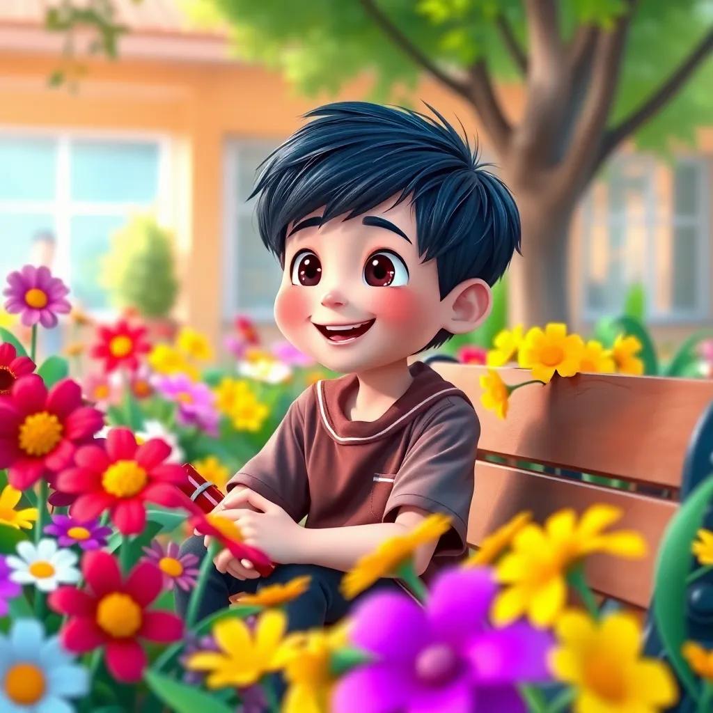 A young boy, Jad, with short black hair and bright eyes, sitting on a schoolyard bench among colorful flowers, smiling and talking to friends, bright and cheerful atmosphere, digital art, vibrant colors, friendly scene, high quality
