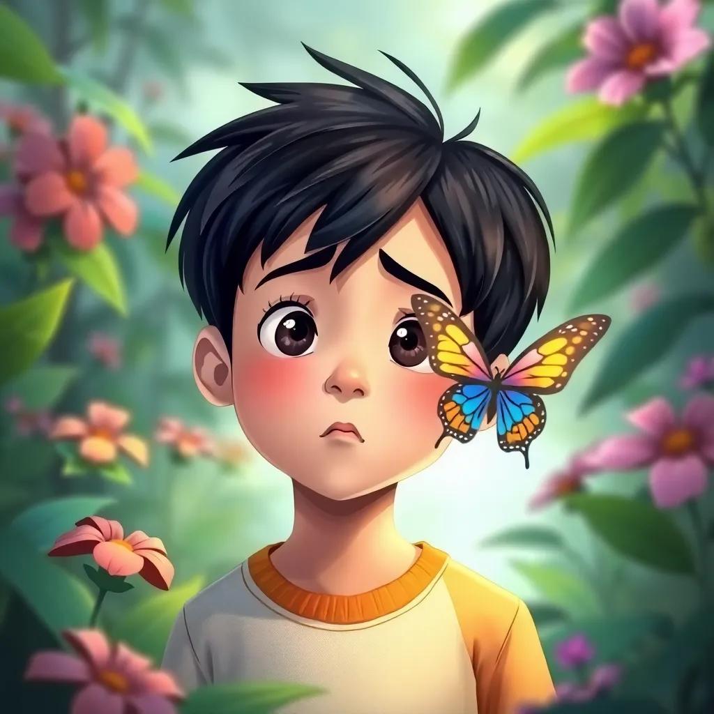 Jad, a boy with short black hair, looking confused while trying to observe a colorful butterfly in the garden, with a faint blur effect around it symbolizing his vision problem, illustration, thoughtful and introspective, soft colors, high quality