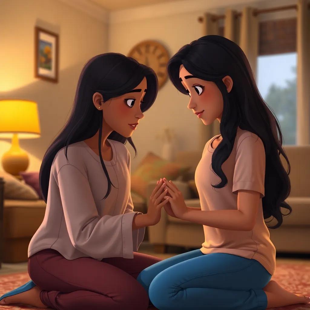 A determined mother, with long dark hair and warm skin tone, kneeling to speak gently to Jad, holding his hands in a cozy living room, expressing love and support, digital art, inviting colors, warm ambiance, high quality