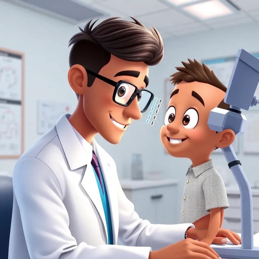 A professional eye doctor, wearing a white coat and glasses, examining Jad's eyes in a bright clinic with charts on the wall, showing a caring expression, illustration, detailed, child-friendly setting, bright and clean, high quality