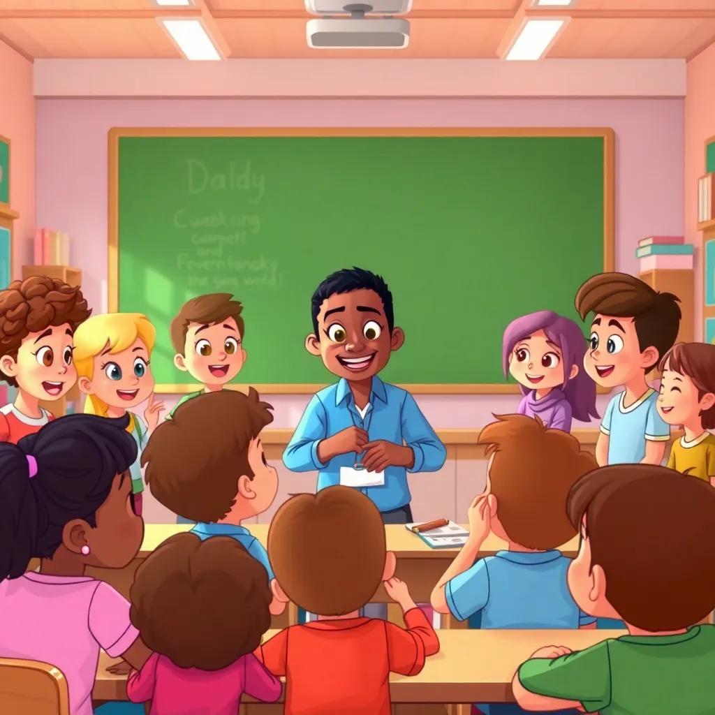 A classroom filled with children of different backgrounds, Jad leading a group discussion, encouraging collaboration and learning in various ways, cheerful setting, colorful, illustration, high quality