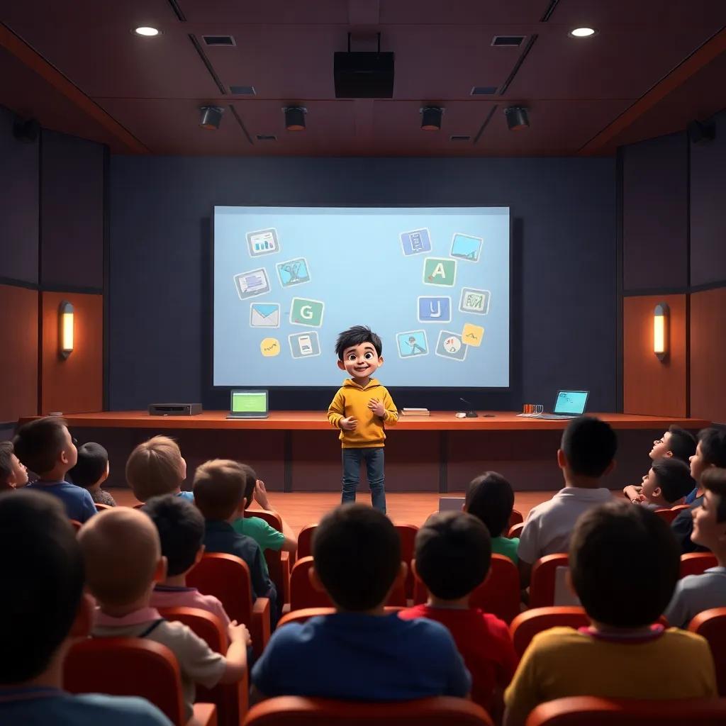 Jad, standing confidently on a small stage in a school auditorium, presenting to his classmates using various learning tools, bright lights shining, eager smiles from the audience, digital art, engaging scene, high quality