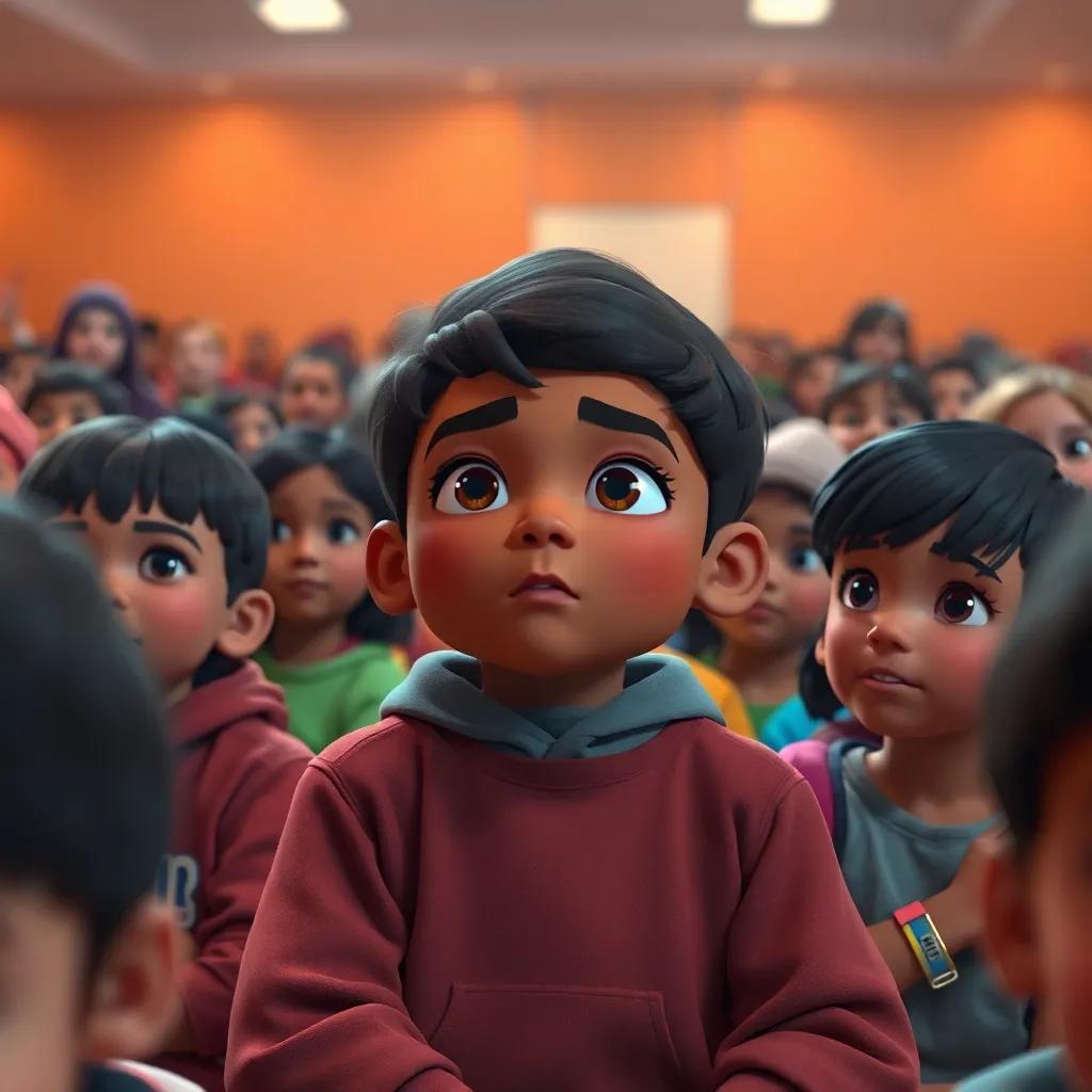 Jad's determined face during a school event, filled with kids and parents listening attentively, showing support and admiration, warm ambiance, digital art, heartwarming colors, high quality