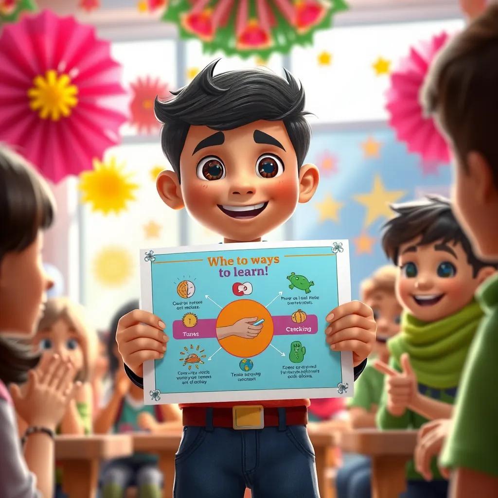 Jad, showing a colorful poster demonstrating different ways to learn, with classmates cheering him, surrounded by vibrant decorations, digital painting, lively atmosphere, engaging and fun, high quality