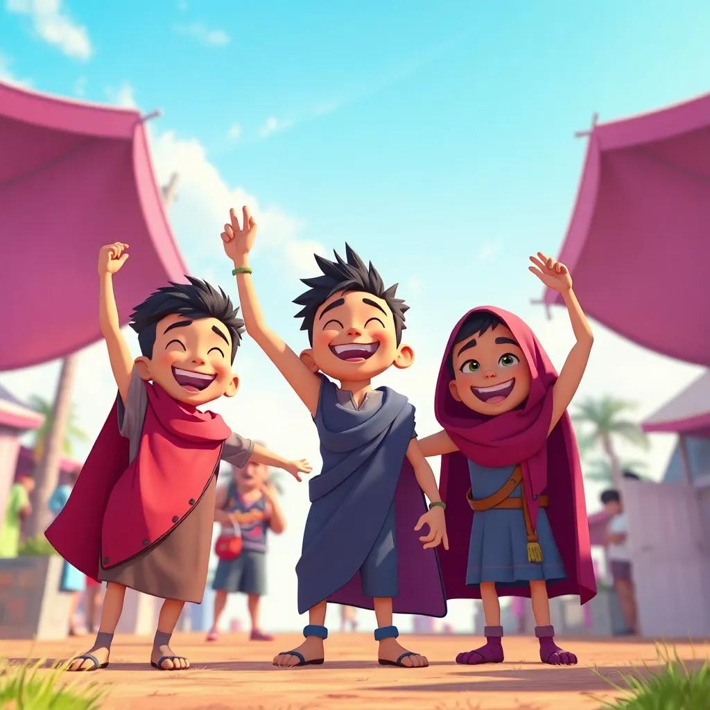 Jad and his friends celebrating outside after a successful event, filled with joy and enthusiasm under a blue sky, symbolizing hope and achievement, illustration, bright colors, high quality