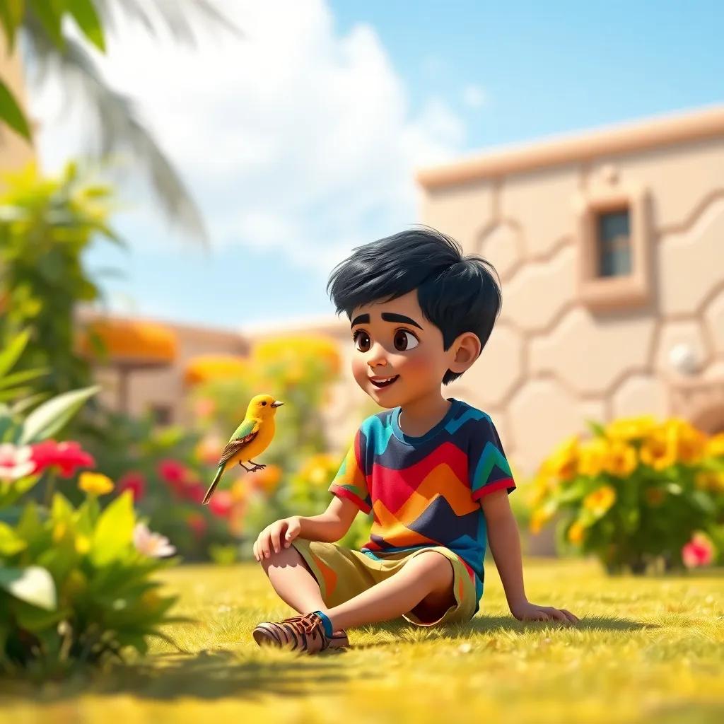 A young Arab boy, Sami, with short black hair, wearing a colorful t-shirt and shorts, sitting in a sunny garden talking to a small yellow bird, digital art, vibrant colors, cheerful atmosphere, high quality