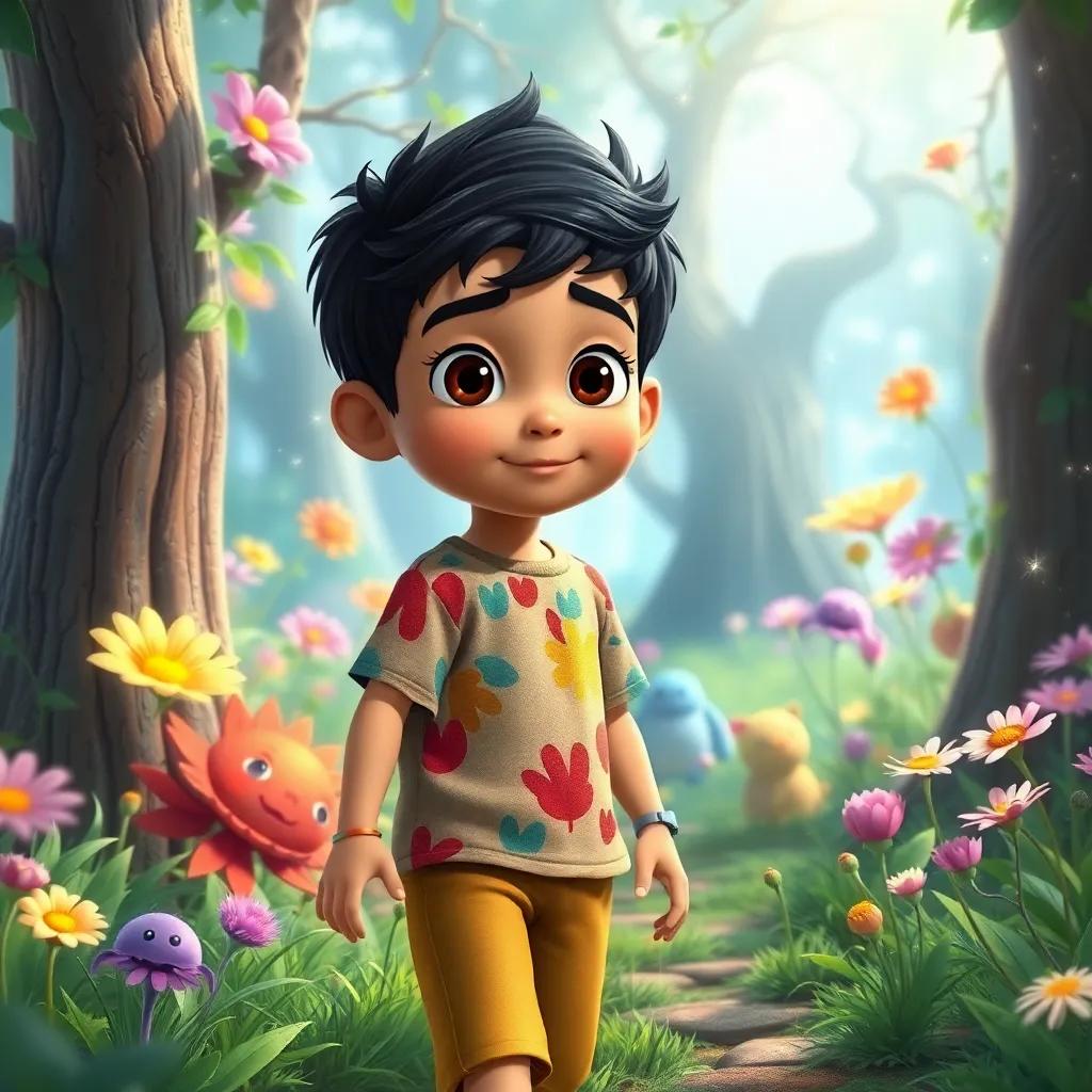 Sami, a young Arab boy with short black hair in a colorful t-shirt, walking through a magical forest filled with sparkling flowers and strange creatures, bright and colorful, fantasy scene, child-friendly, high quality