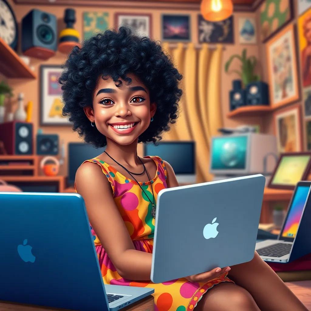 A cheerful young girl, Leila, with curly black hair wearing a colorful dress, sitting in a cozy room full of gadgets and a laptop, smiling widely as she takes a selfie with her phone, bright colors, digital art, playful mood, warm lighting, engaging perspective, high quality