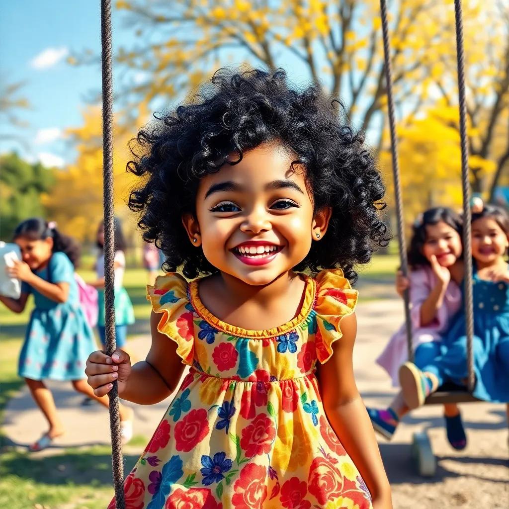 A joyful young girl, Leila, with curly black hair wearing a colorful dress, playing in a sunny park with friends, laughing and playing on the swings, vibrant colors, outdoor scene, child-friendly atmosphere, high quality