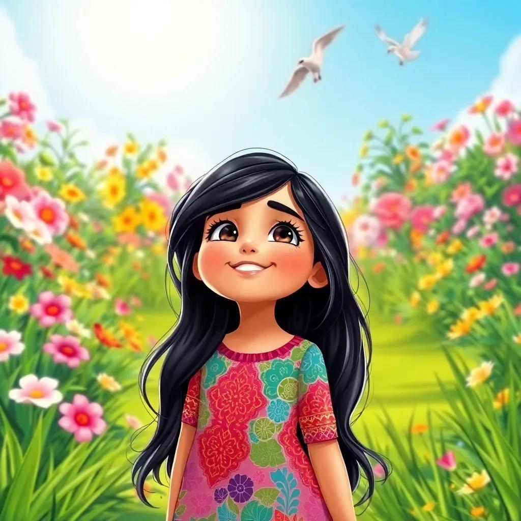 A young Arab girl, Leila, with long, dark hair wearing a colorful dress, standing in a vibrant garden with flowers and green grass, looking up at a bright blue sky with a bird flying high, joyful expression, cheerful atmosphere, high-quality illustration