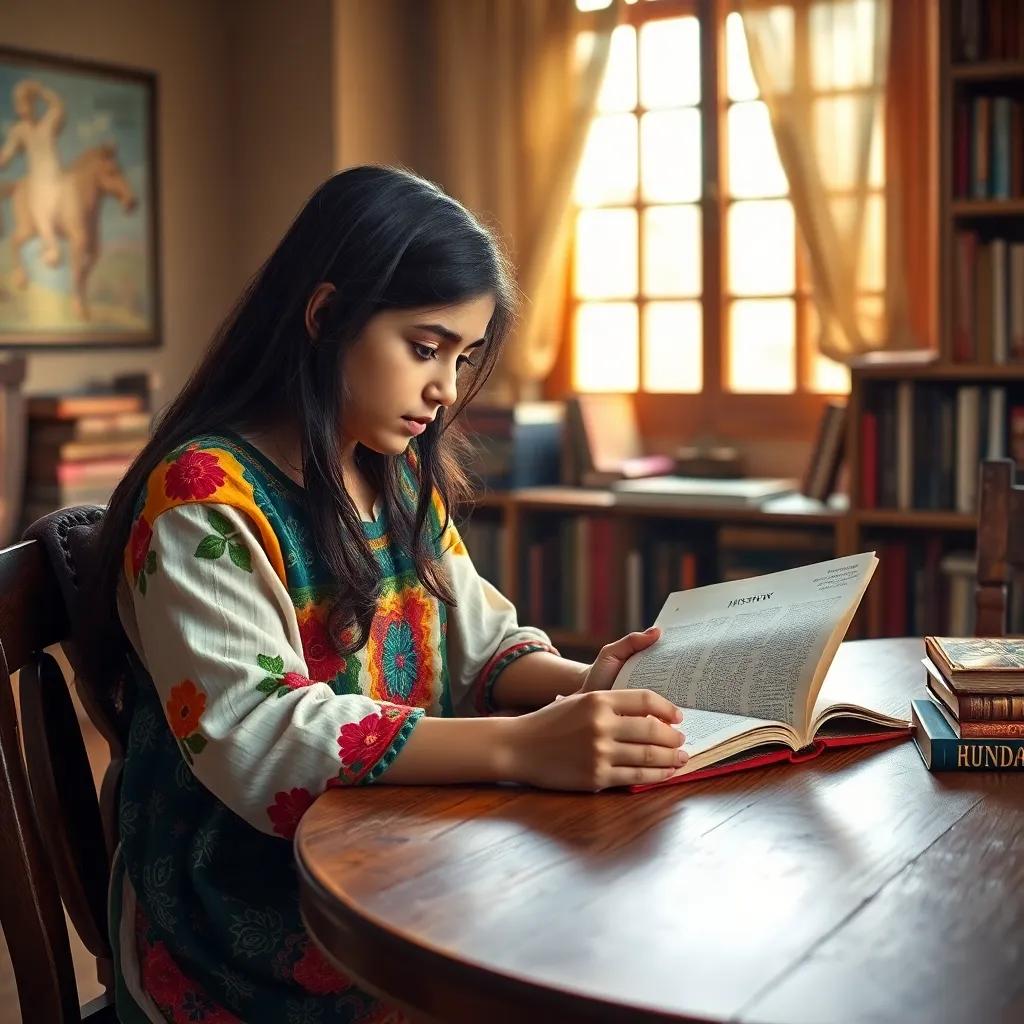 A young Arab girl, Leila, with long, dark hair wearing a colorful dress, sitting at a wooden table with her father, reading a book about history, warm light from a nearby window, cozy room filled with books, engaging moment, high-quality artwork