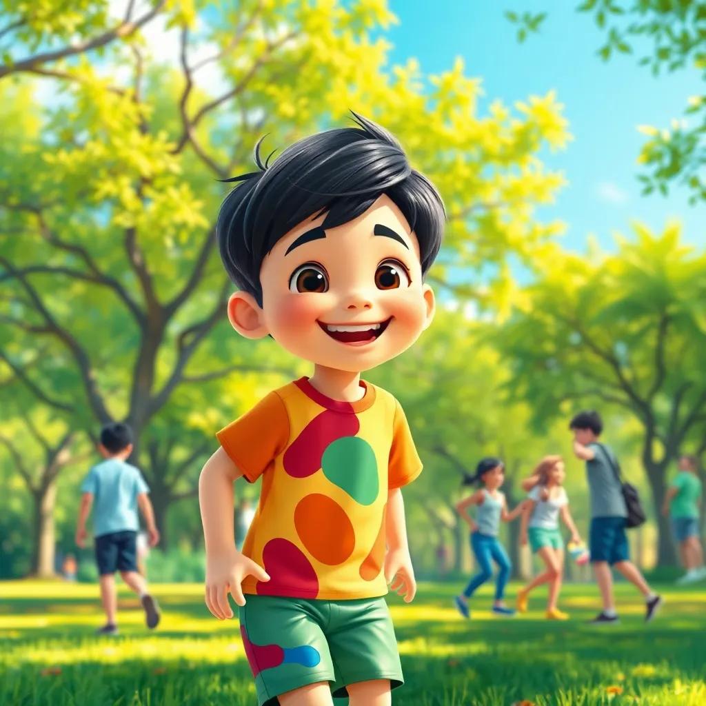 A cheerful boy, كاد, with short black hair wearing a colorful t-shirt and shorts, playing with friends in a sunny park full of green trees, vibrant colors, joyful atmosphere, digital art, high quality
