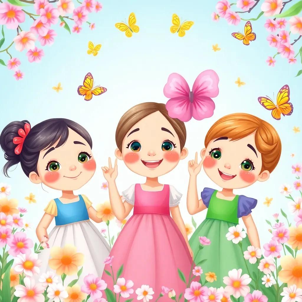 Three girls, سارة وليلى ودرية, with bright smiling faces, each wearing colorful dresses, surrounded by blooming flowers and butterflies, illustration, cheerful, nature-inspired, child-friendly