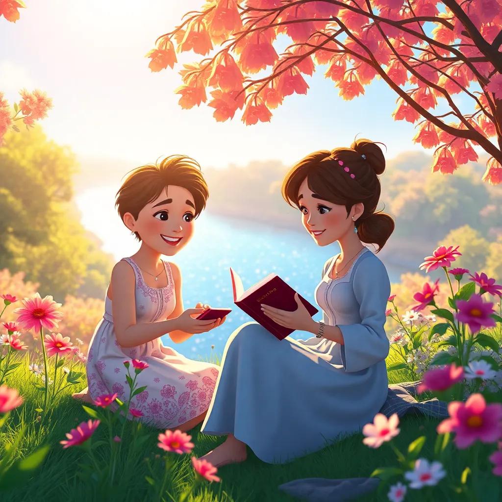 A sunlit scene where كاد is smiling at سارة, who is reading a book, while ليلى picks flowers nearby, with a sparkling river in the background, colorful, warm light, inviting view, high quality