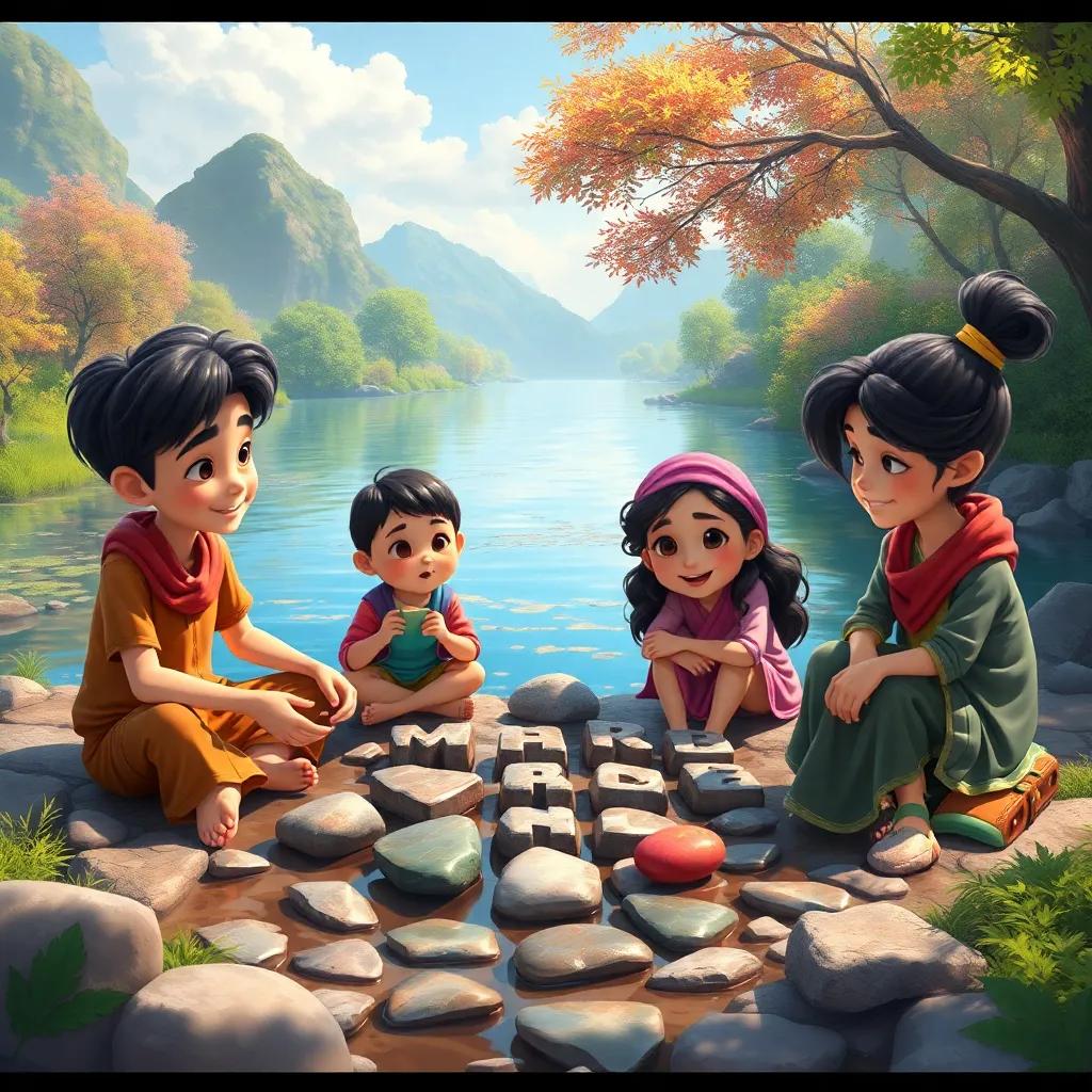 A playful gathering of كاد and his sisters sitting by the river, creating words with stones, surrounded by nature, digital painting, vibrant colors, learning theme, uplifting