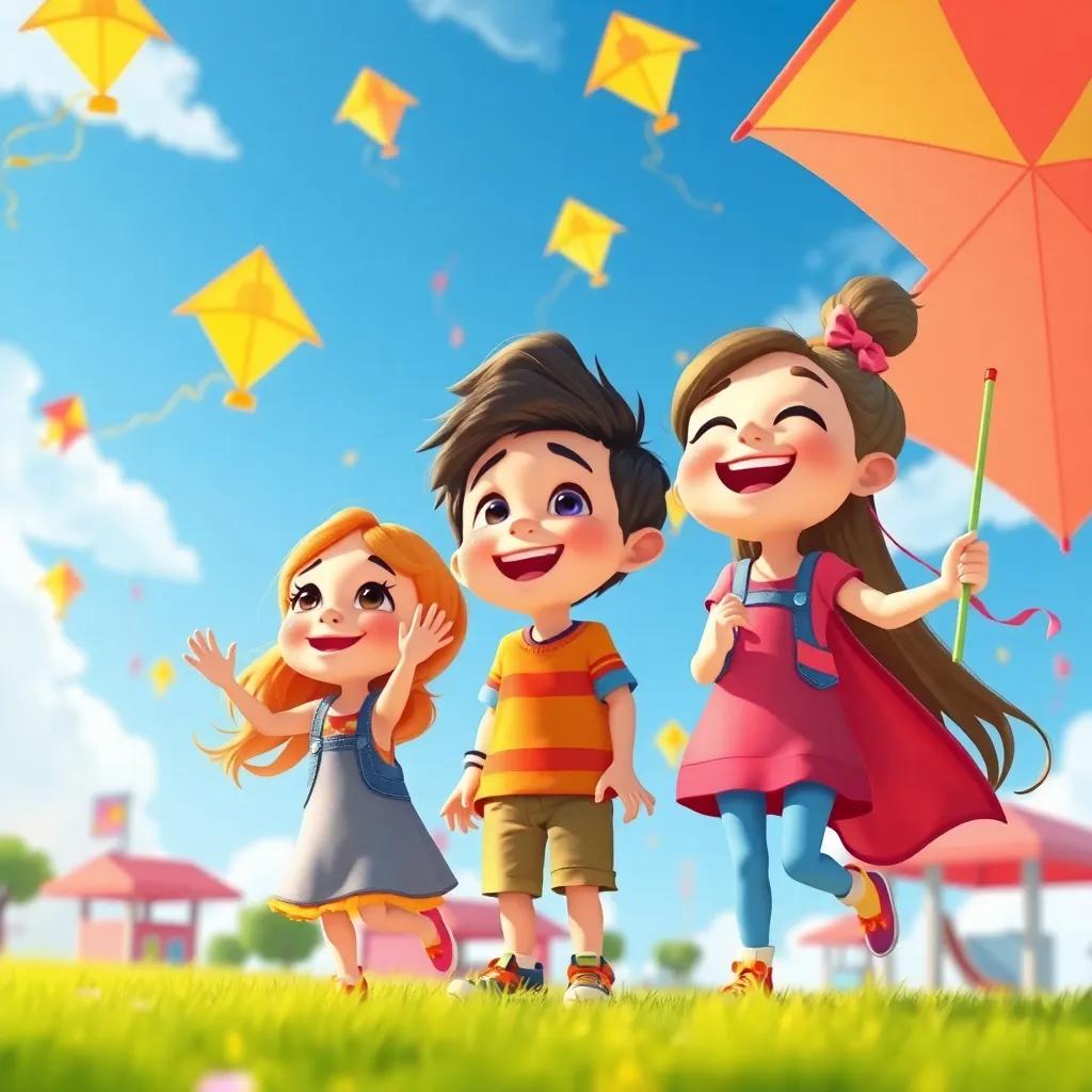 The sky is filled with colorful kites as كاد and his sisters cheer and laugh, showcasing their playground filled with joy and sounds of happiness, illustration, bright colors, playful