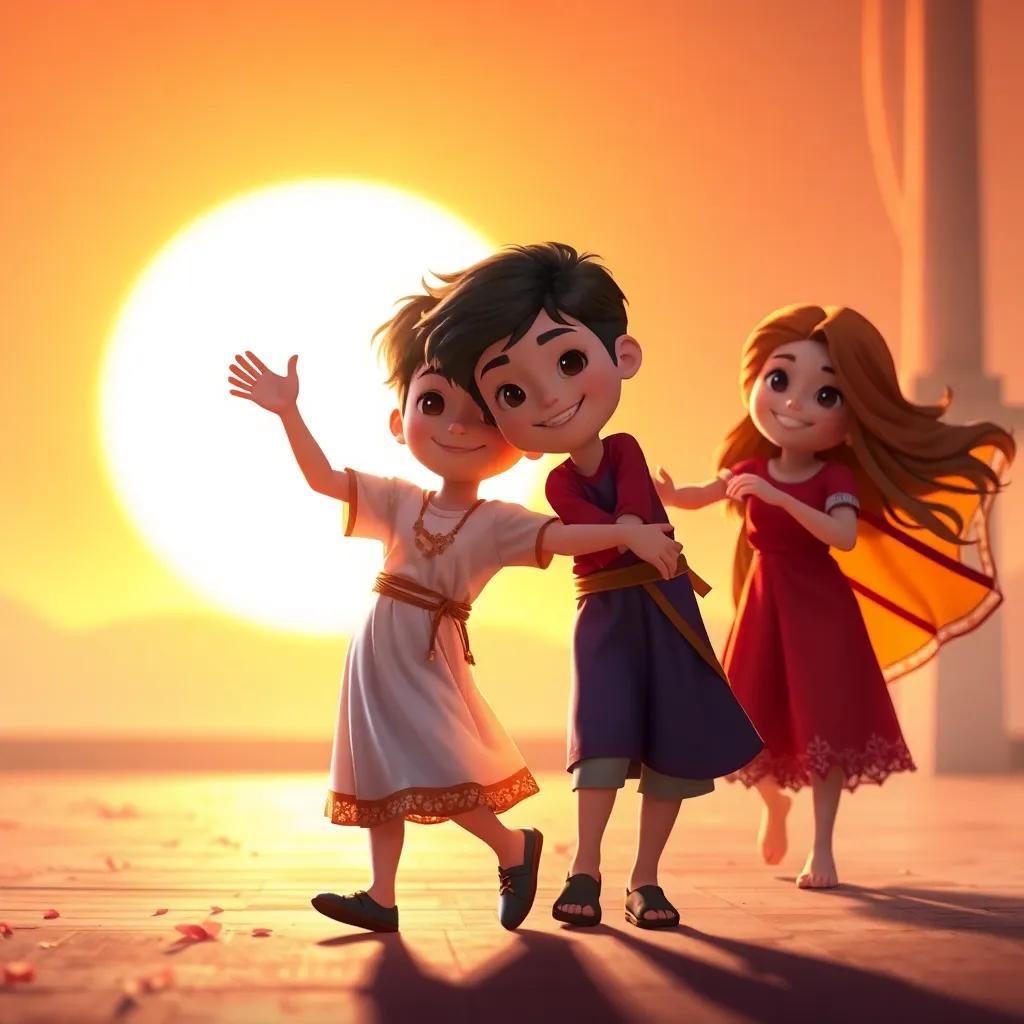 A magical moment where كاد is dancing with his sisters, with the sun setting behind them, creating a backdrop of warm light and happiness, digital art, heartwarming theme, high quality