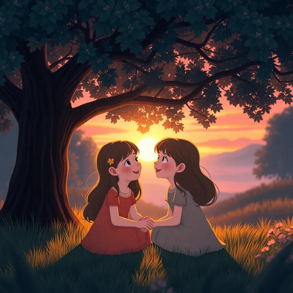 The sisters whispering under a tree at sunset, sharing their dreams to learn new words together, warm hues of twilight encompassing their smiles, child-friendly, enchanting view, high quality