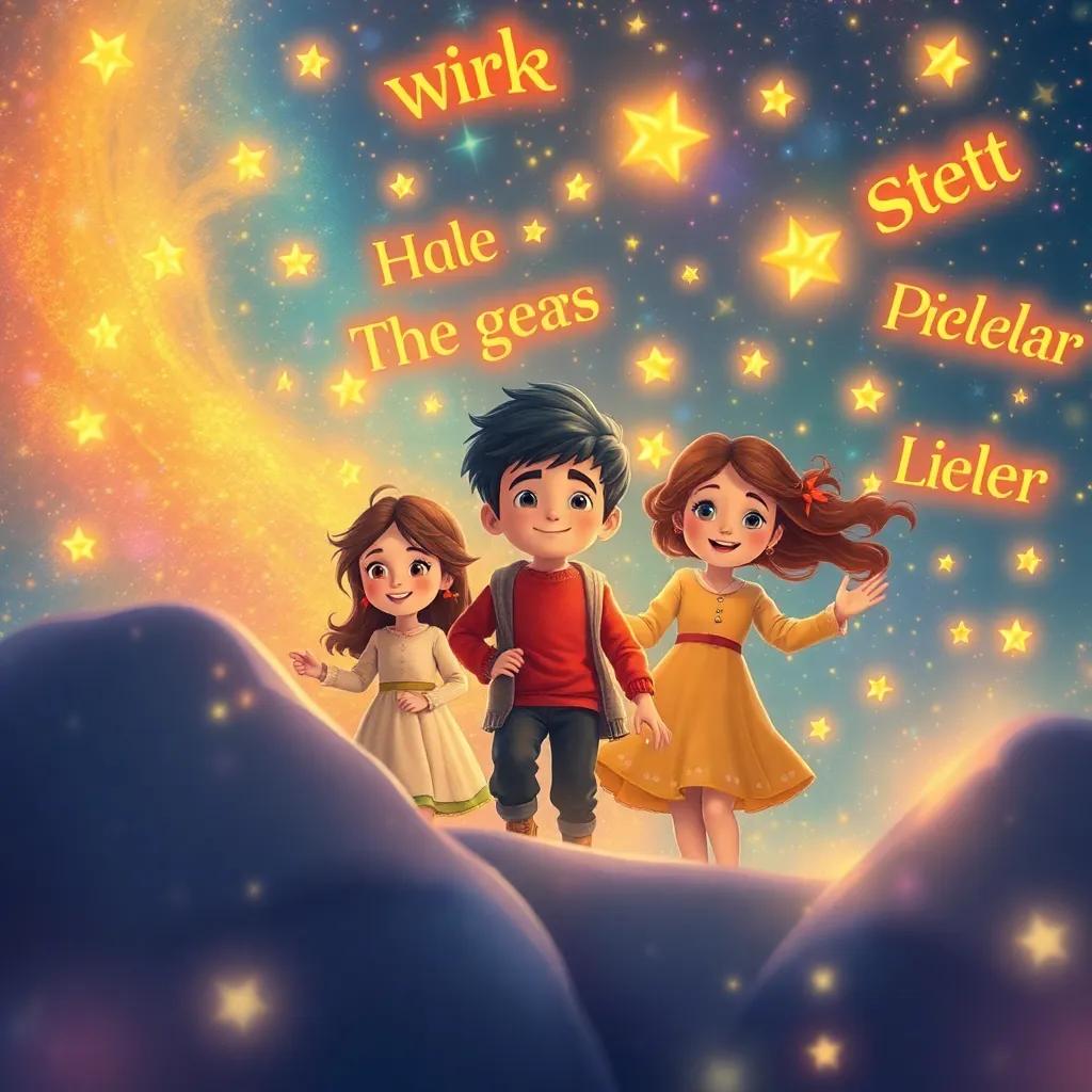 An imaginative scene of كاد and his sisters surrounded by words in the air, floating and twirling like stars, colorful and magical, perfect for storytelling, illustration, enchanting scenery