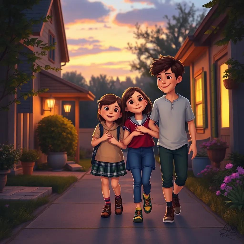 The lovable siblings walking home at dusk, hearts full of lessons, laughter echoing around them, creating lovely memories in the evening light, inviting atmosphere, detailed digital painting.