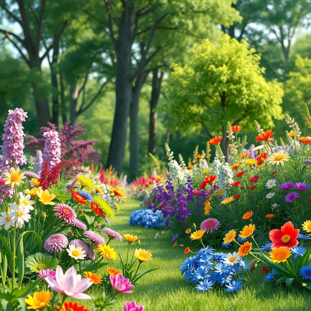 A beautiful garden filled with various plants blooming in spring, colorful flowers and tall trees swaying gently in the wind, digital art, vibrant colors, uplifting atmosphere, high quality
