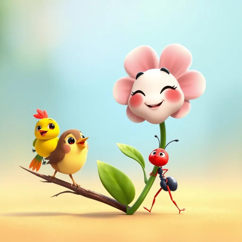 A small flower named Loli smiling with her friends, a singing bird perched on a branch and a speedy ant walking beside her, cheerful expression, bright colors, animated style, high quality