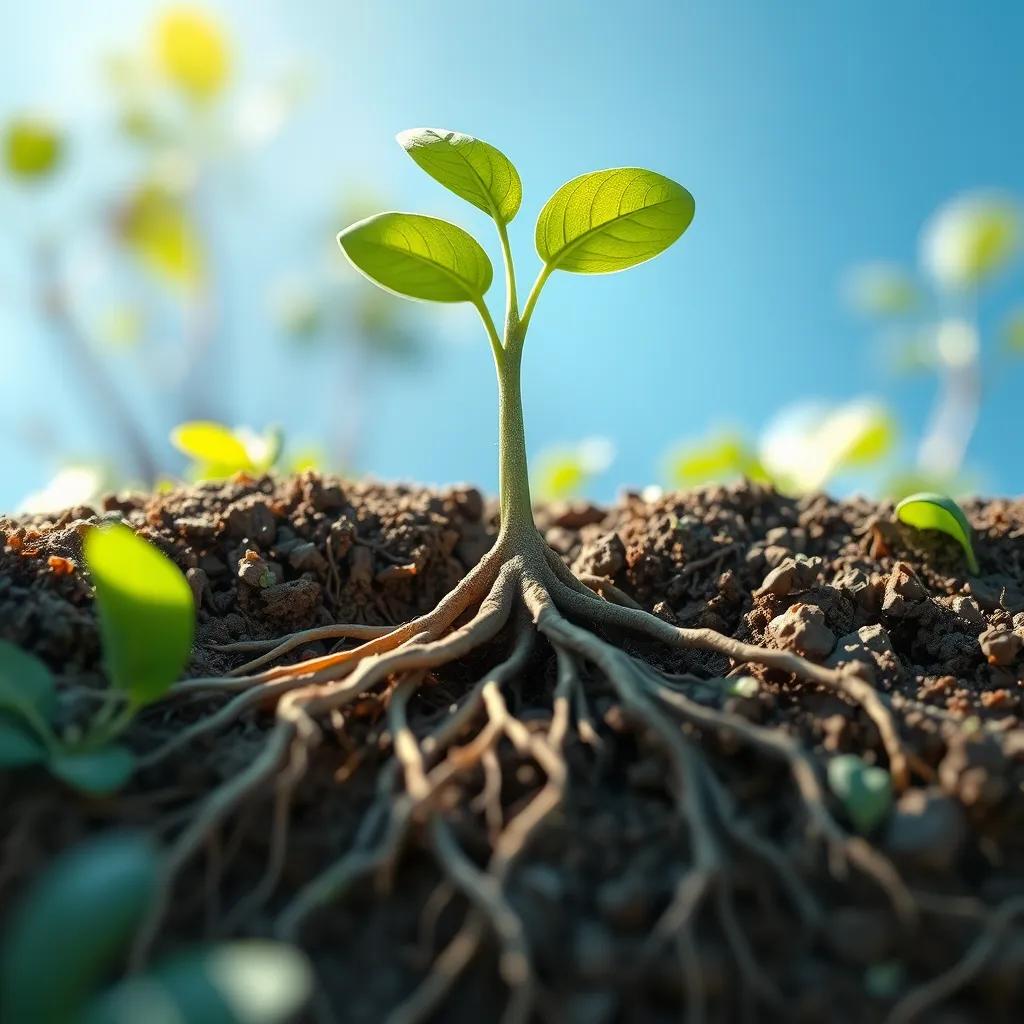 A close-up look at plant roots growing underground, a plant sprout reaching up to the blue sky, surrounded by vibrant greens and soft earth, educational illustration, detailed view, captivating colors, high quality