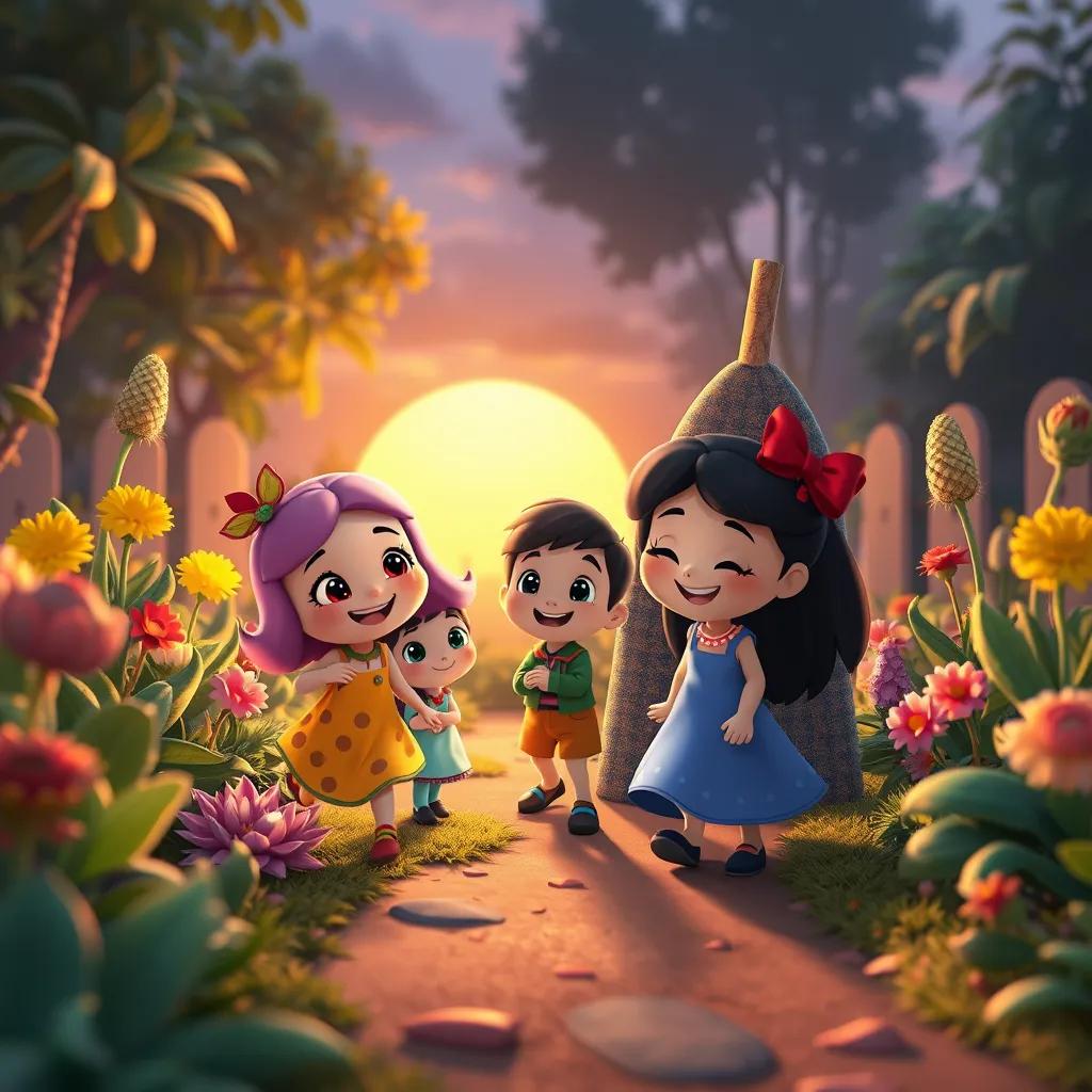 Loli and her friends happily returning to their spot in the garden after their adventure, smiling faces, colorful plants around them, a sunset glow in the background, heartwarming scene, warm colors, high quality