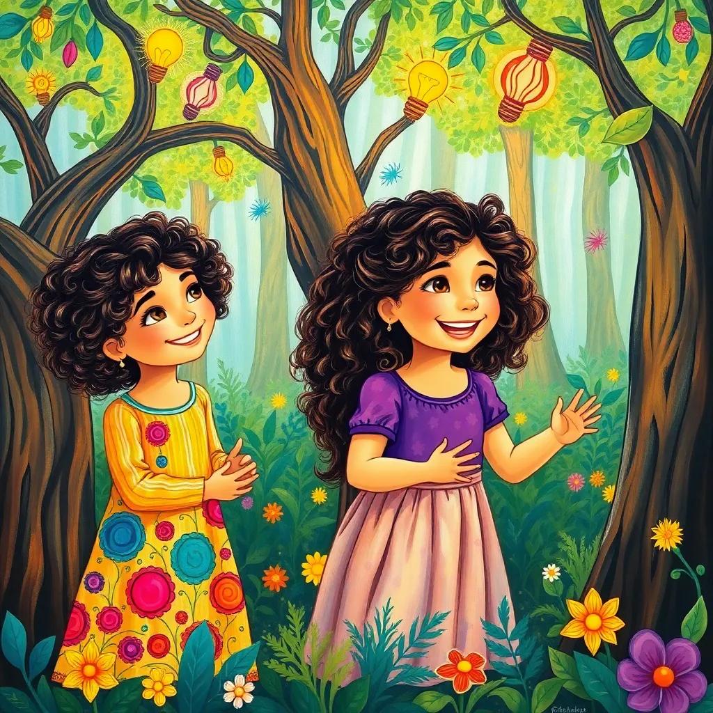 Two young Arab girls with curly hair, one in a colorful dress and the other in a purple top, gathering colorful ideas from trees in a magical forest, with smiles and laughter, illustration, bright colors, joyful scene, child-friendly