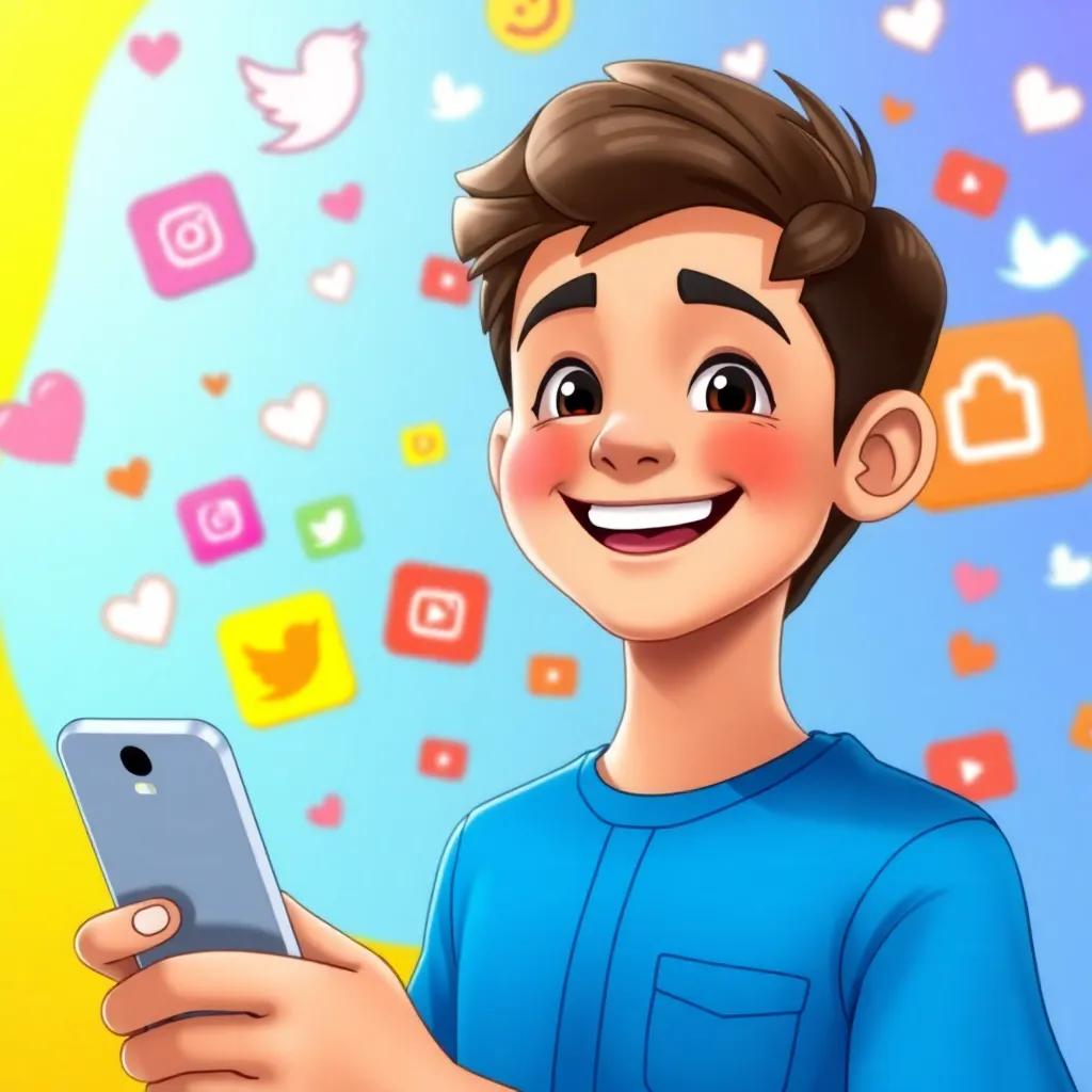 Sami, a young Arab boy, wearing a blue shirt, smiling while holding a smartphone, surrounded by colorful social media icons, joyful atmosphere, bright colors, digital art,  cheerful setting, high quality