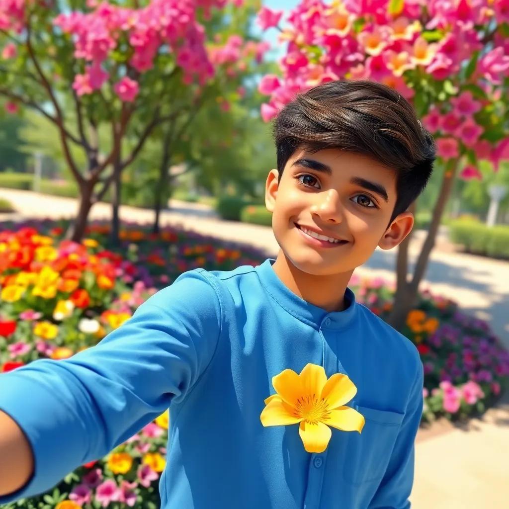 Sami, a young Arab boy, wearing a blue shirt, taking a selfie in a sunny park, colorful flowers in the background, lively setting, digital painting, cheerful and bright