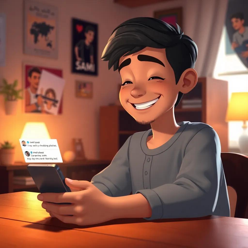 Sami, a young Arab boy, sitting at a table with his smartphone, receiving comments from friends, a joyful expression on his face, cozy room with posters, warm lighting, heartwarming