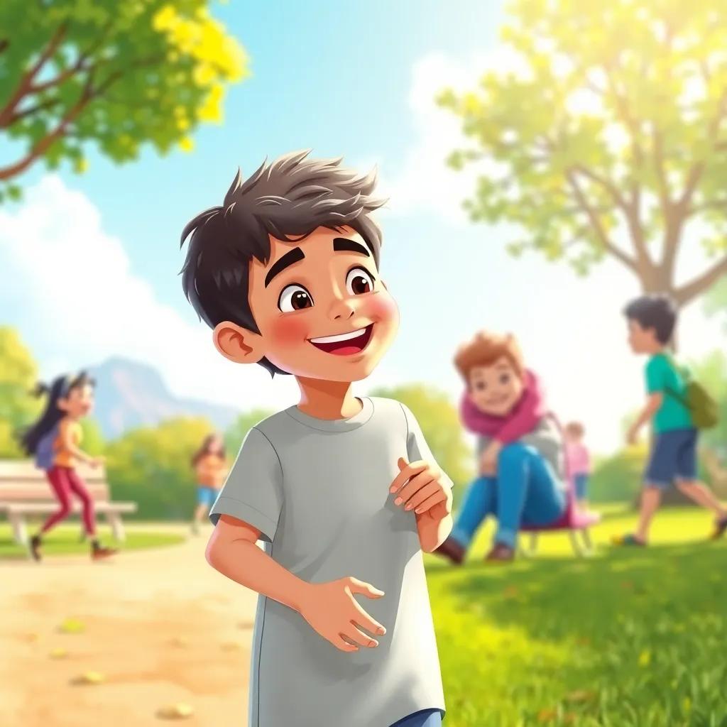 Sami, a young Arab boy, playing outdoors with friends, enjoying fresh air and laughter, in a sunny park, illustration, vibrant colors, cheerful and lively atmosphere