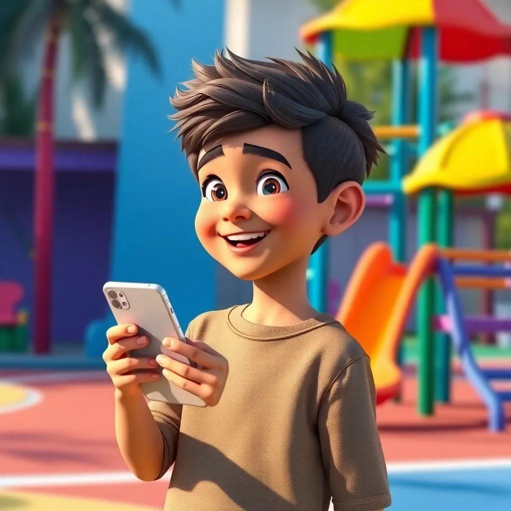 Sami, a young Arab boy, balancing his smartphone and playing outside, smiling and enjoying both worlds, a colorful playground in the background, bright colors, joyful feeling, digital art