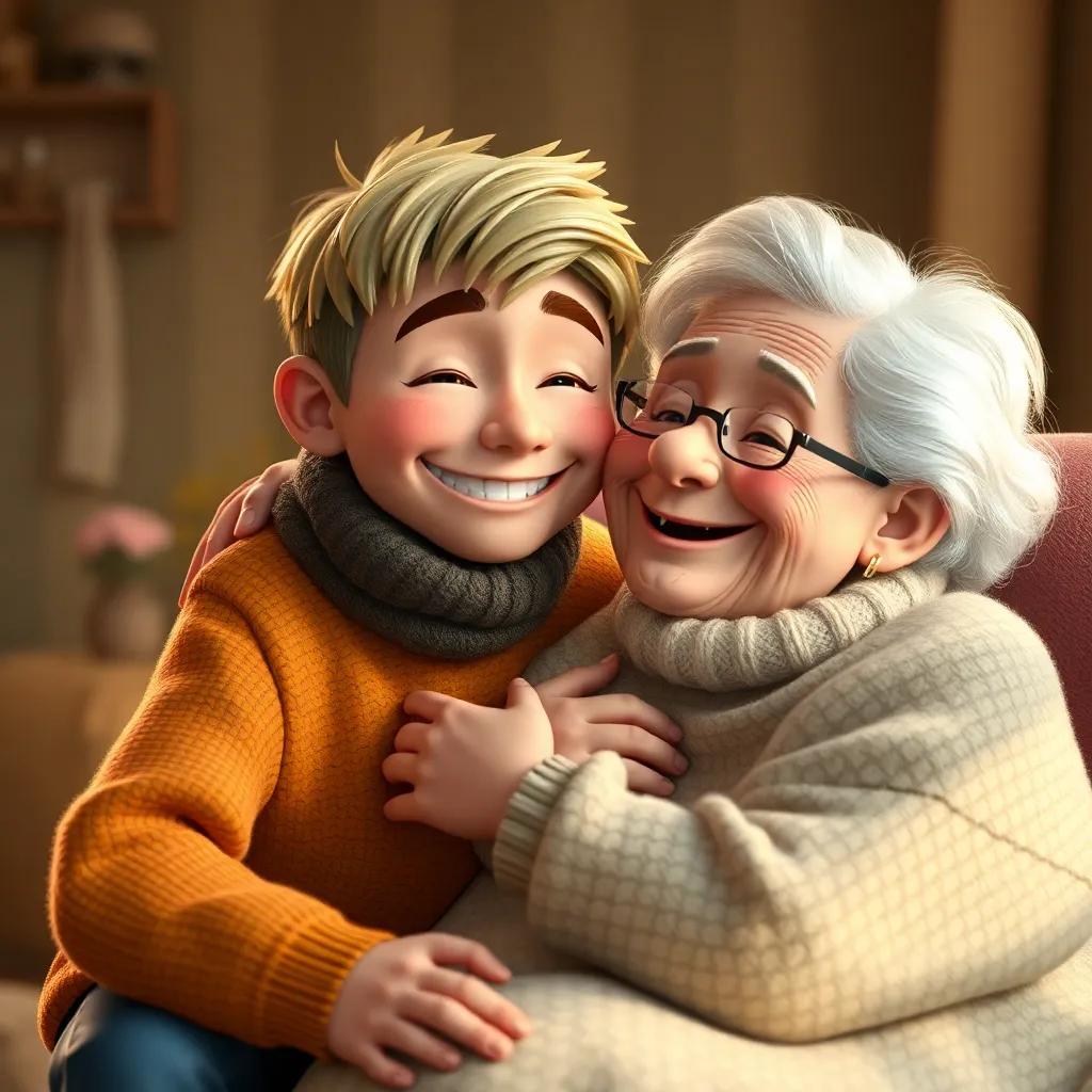 A cozy scene of Sami visiting his grandmother, with a warm embrace and happy smiles, soft lighting, family love, heartwarming