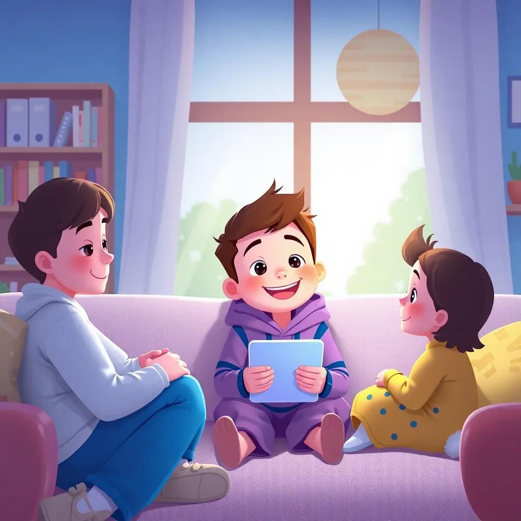 A creative depiction of social balance, showing Sami enjoying time with family and friends both online and offline, colorful and child-friendly style