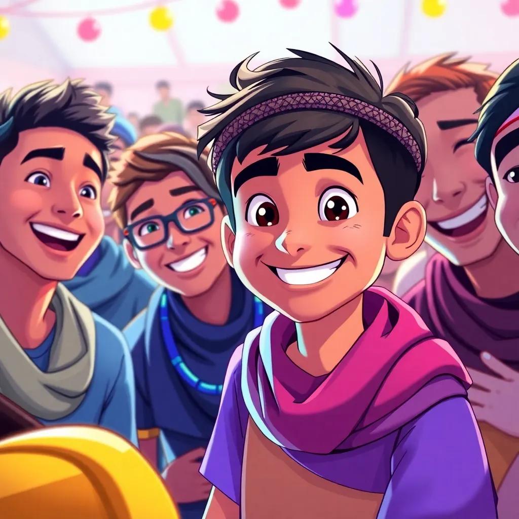 Sami, a young Arab boy, smiling with friends, capturing moments together, joyful setting in a lively gathering, bright colors and happy expressions, vibrant illustration