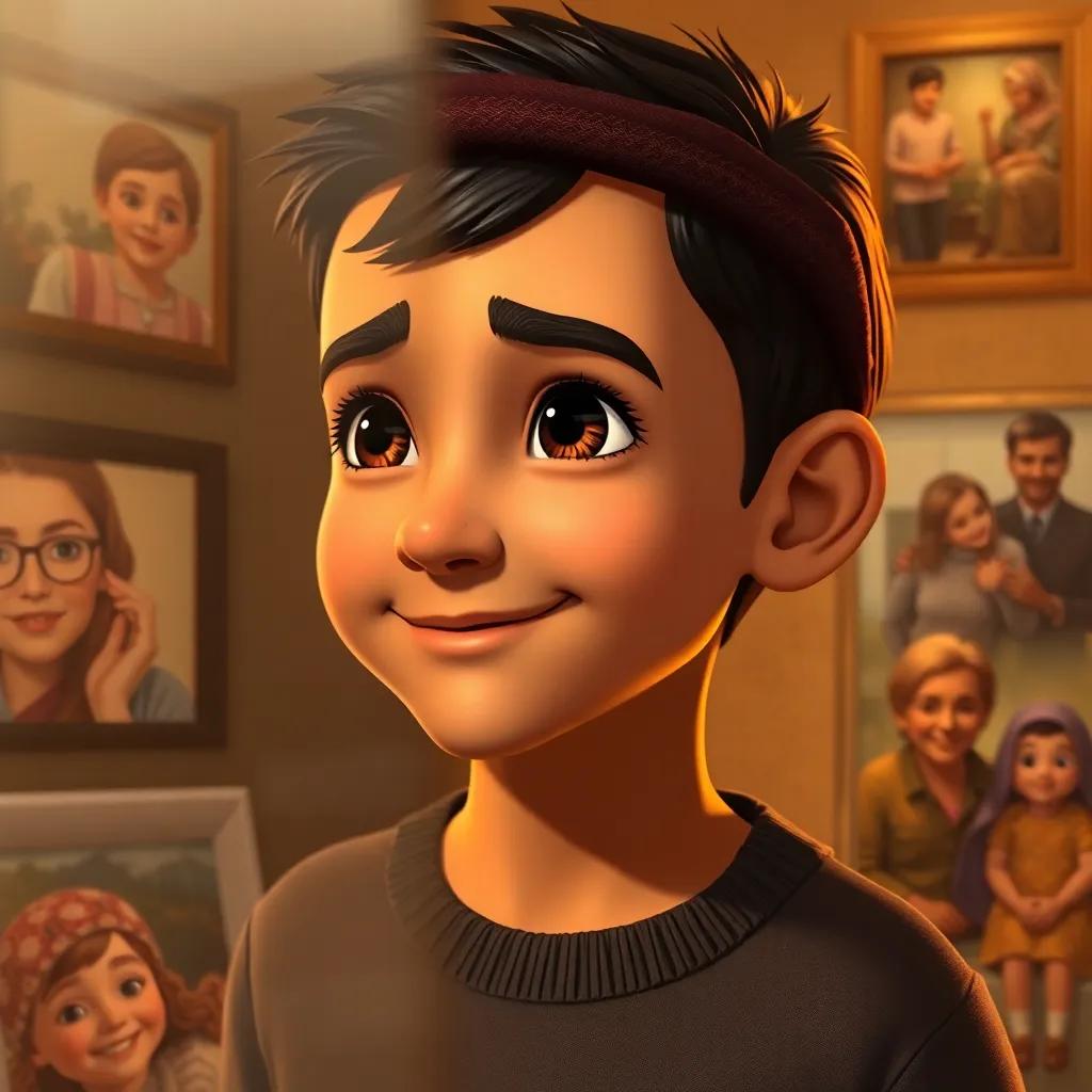 Sami, a young Arab boy, reflecting with a thoughtful smile, surrounded by images of family and friends, warm lighting, loving atmosphere, deep and meaningful