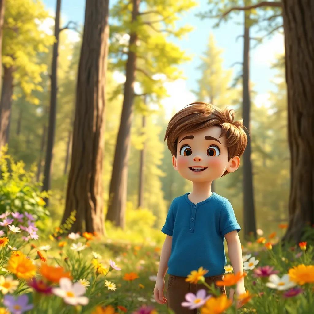 A young boy, Wisam, with brown hair, wearing a blue shirt, exploring a sunny forest with tall trees and colorful flowers, cheerful, bright atmosphere, high quality