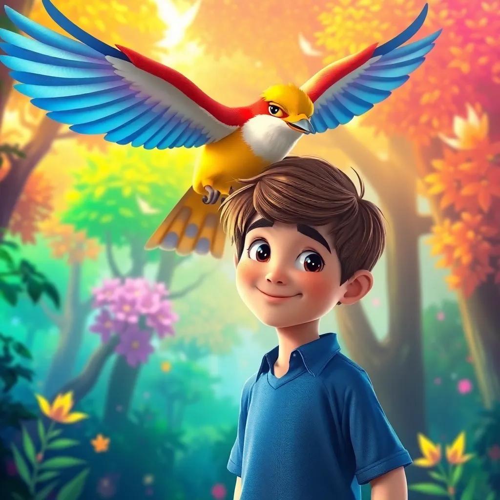 A beautiful bird flying around Wisam, a young boy with brown hair in a blue shirt, surrounded by a magical forest with rainbow colors, friendly, vibrant, high quality