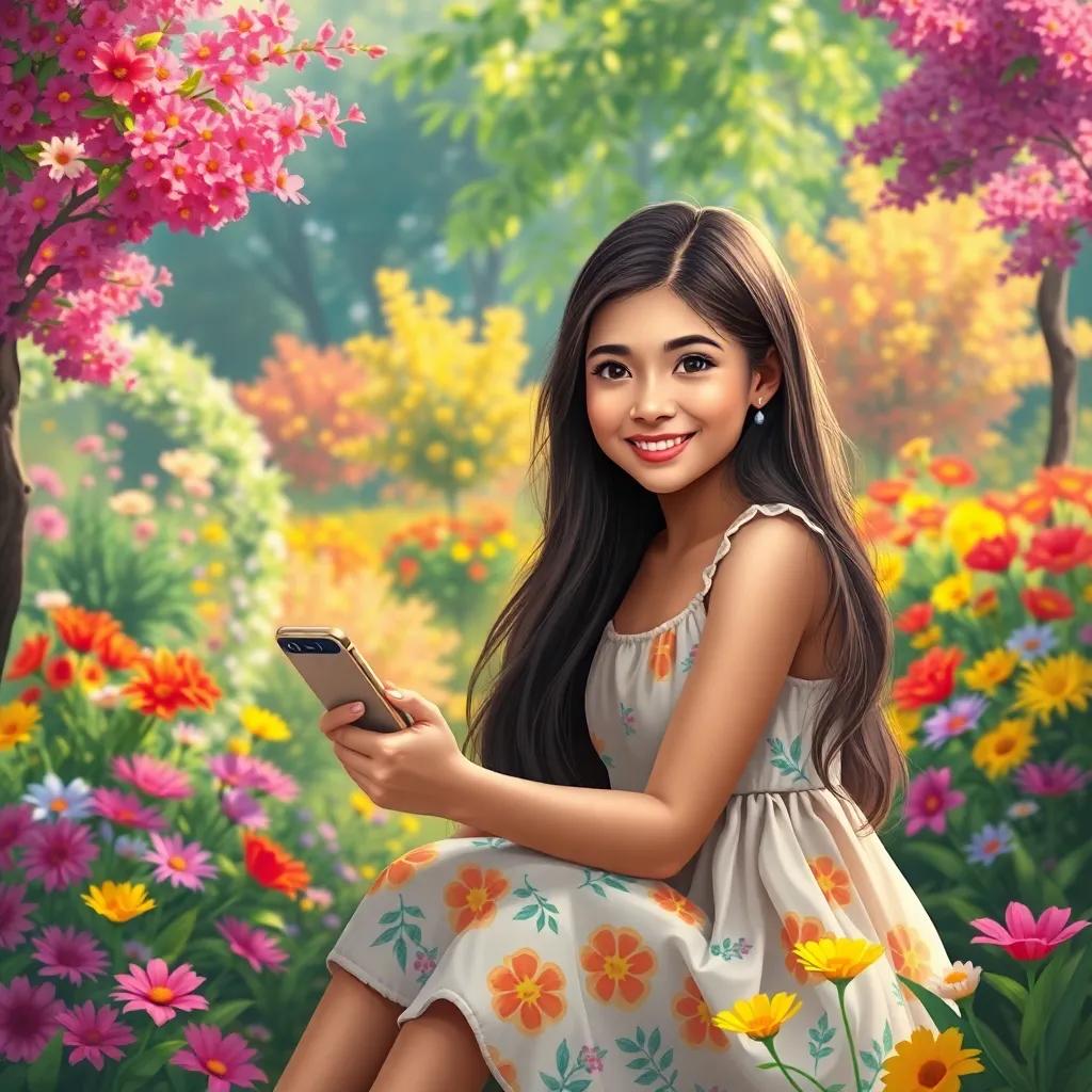A young Arab girl, عبادة, with long, dark hair, wearing a summer dress, sitting in a vibrant garden with colorful flowers and trees, smiling as she looks at a phone, digital art, cheerful, bright colors, warm light, inviting atmosphere, high quality