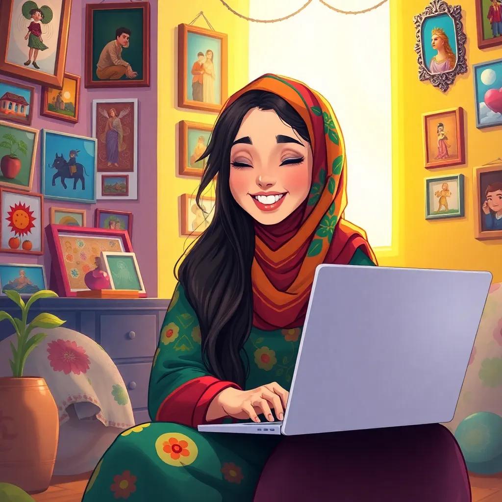 A young Arab girl, ليندا, with long, dark hair, wearing a colorful hijab, sitting in a bright room filled with pictures and vibrant colors, joyfully typing on her laptop, illustration, lively, cozy environment, friendly vibe, high quality
