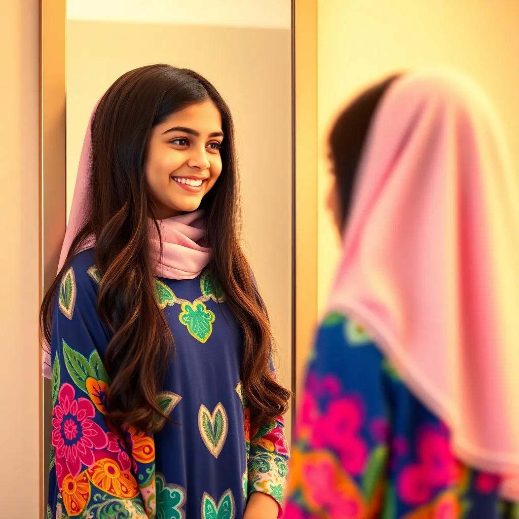 Mariam, a young Arab girl with long, dark hair, wearing a vibrant abaya, standing in front of a mirror, admiring her reflection, smiling brightly, warm light, cheerful, uplifting scene, high quality