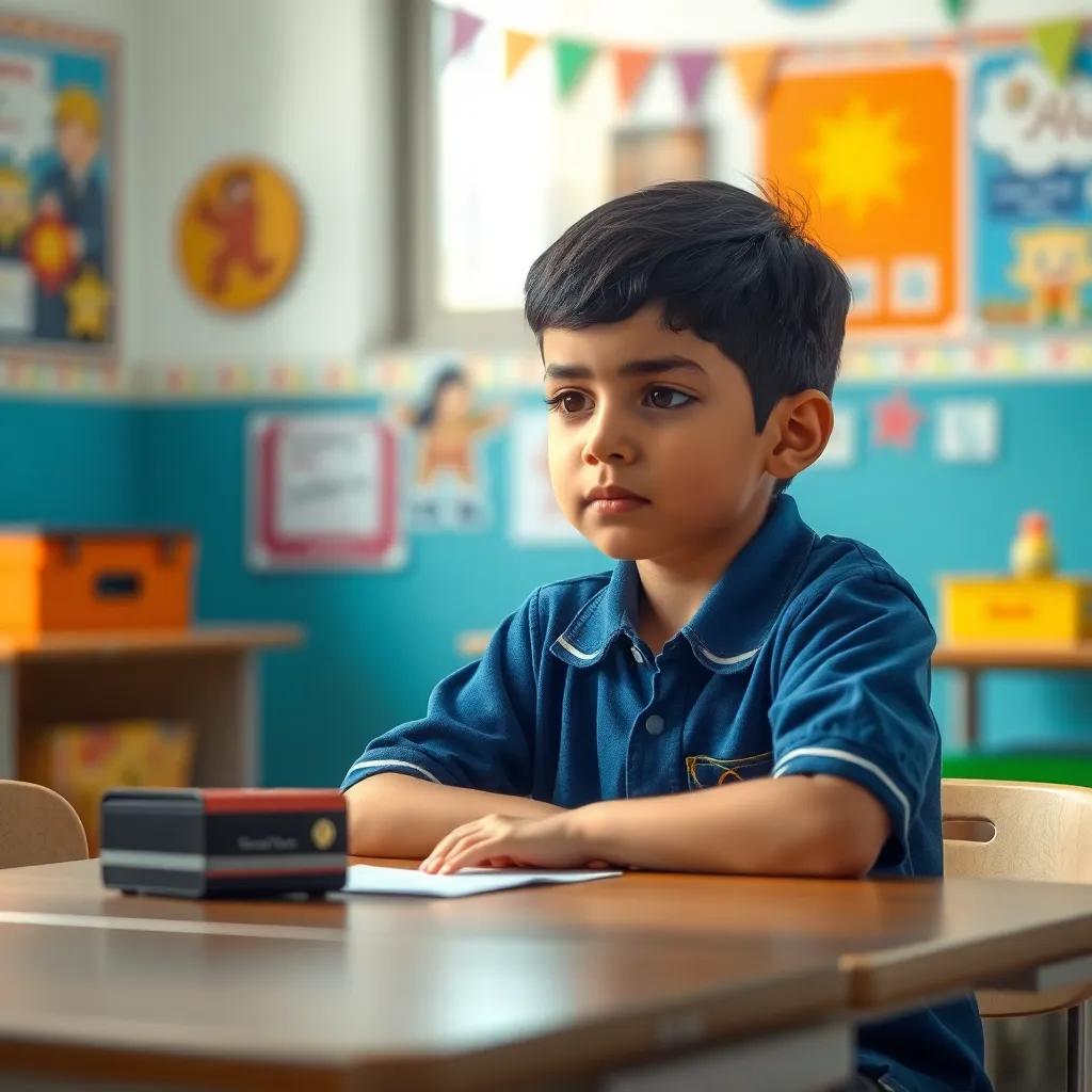A young Arab boy, عبدالرحمن, with short black hair, wearing a blue school uniform, looking sad while sitting at a school desk surrounded by colorful classroom decorations, digital art, soft light, vibrant colors, heartwarming atmosphere, high quality