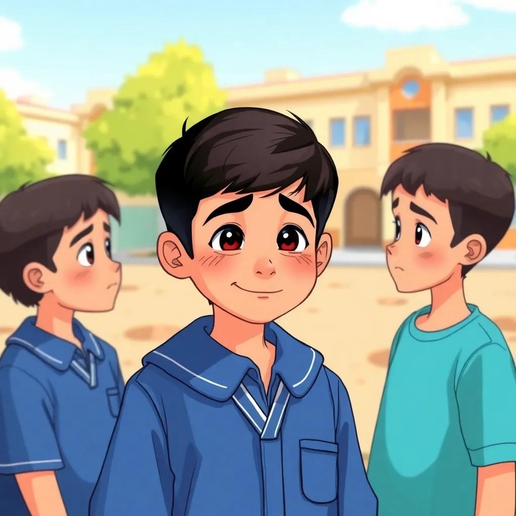 Abdulrahman, a young Arab boy with short black hair in a blue school uniform, smiling faintly while talking to his friends عوف and ريم, who are looking concerned, with a sunny playground in the background, cheerful illustration, bright colors, uplifting scene, high quality