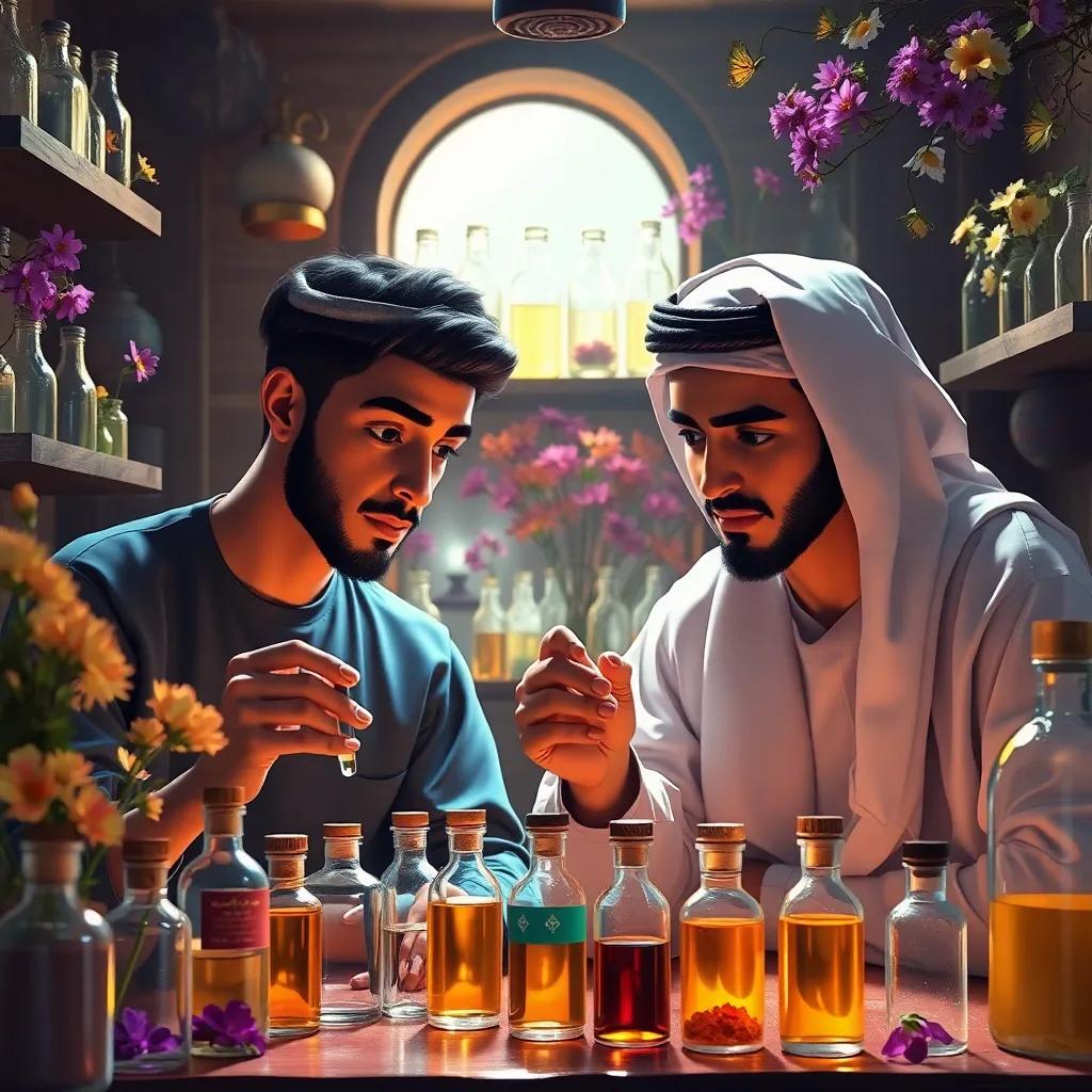 Two young Arab men, Abdullah and Abdullah, experimenting with essential oils in a small cozy room filled with glass bottles and fragrant flowers, focused expressions, detailed digital art, warm light